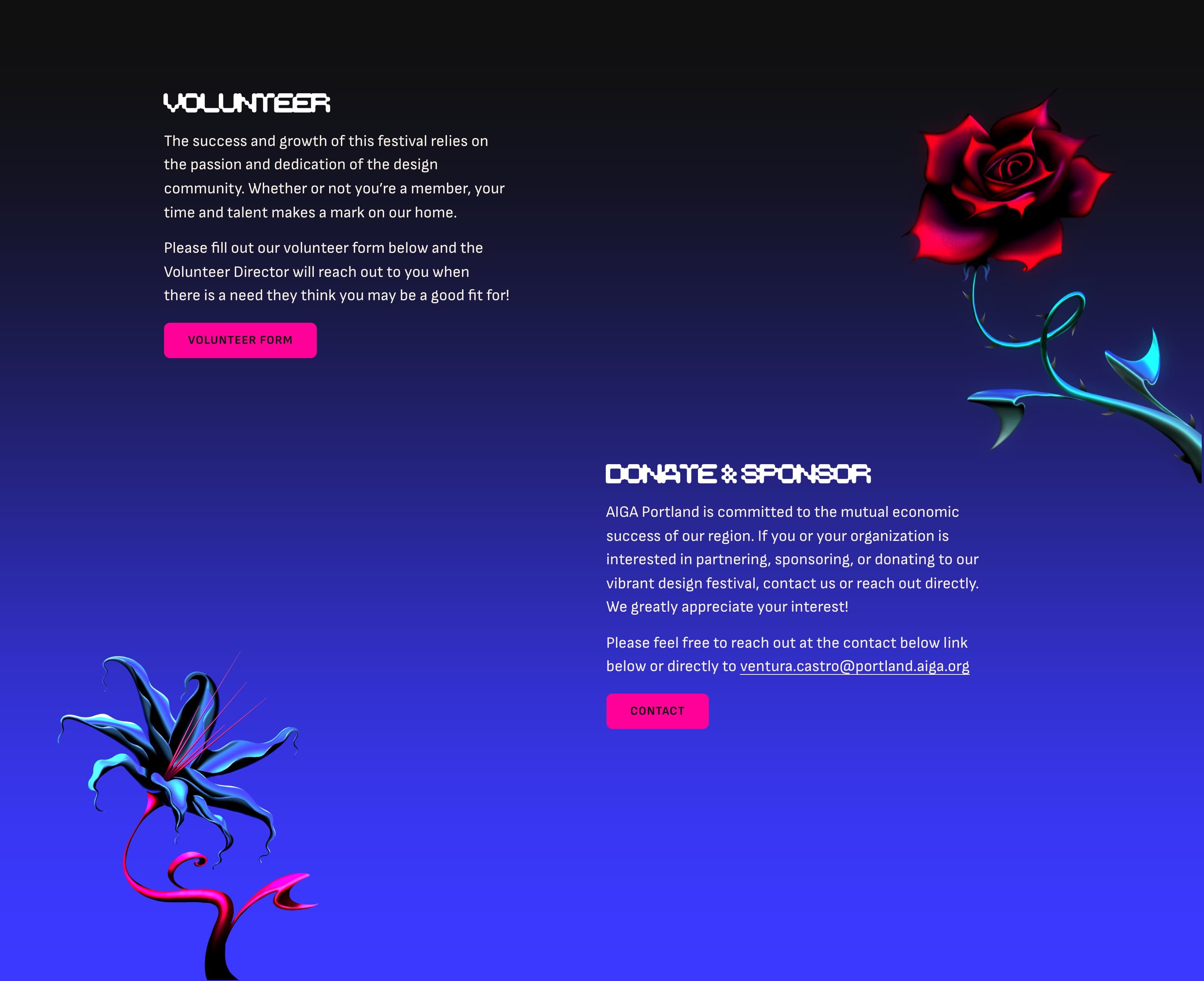 The Volunteer + Donate section from the live PDM 2026 page. Brand elements at play: IntraNet display type, hot pink CTAs on the purple hero gradient, rose top-right and lily bottom-left.