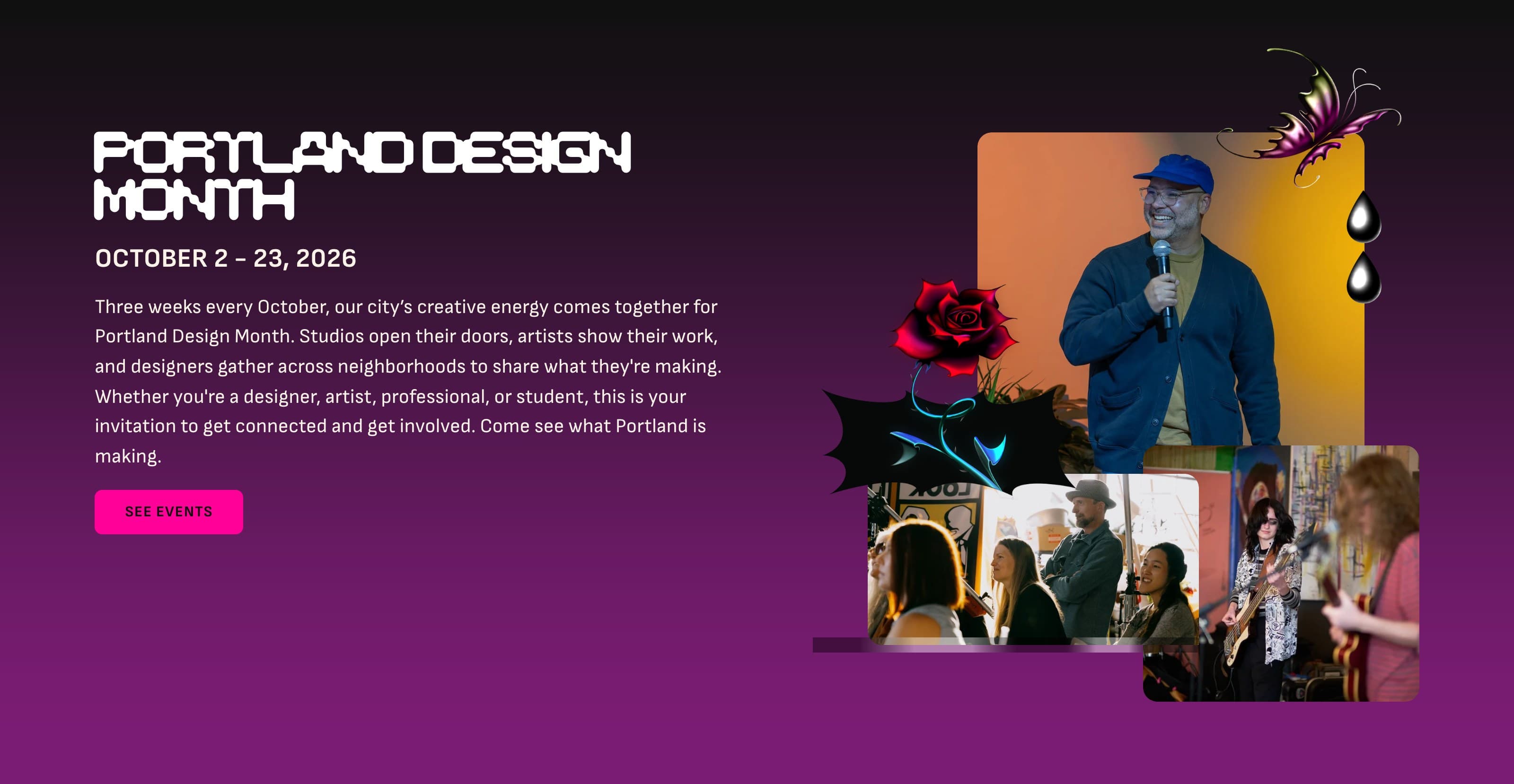 The live AIGA Portland Design Month 2026 landing page. Purple gradient hero, October dates, event photos, calendar, and sponsor row.