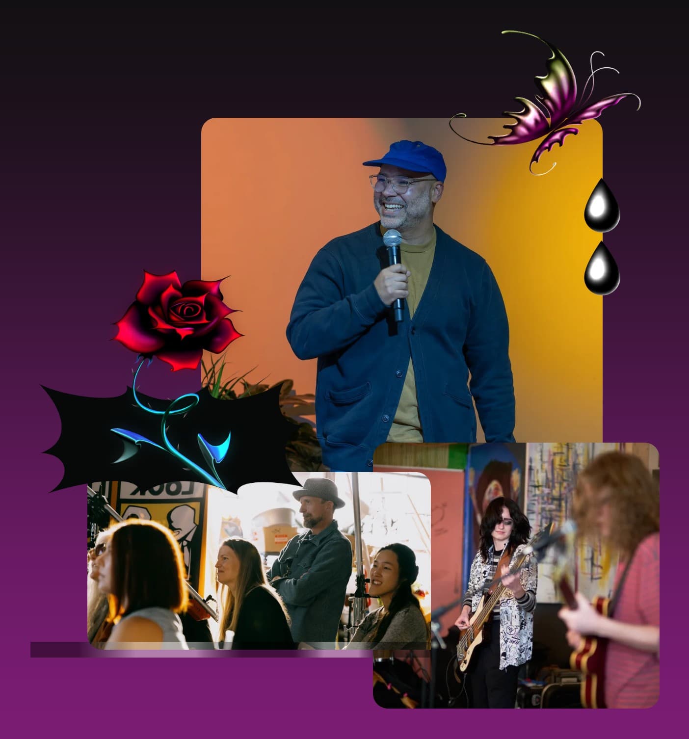 Three tilted event photos from PDM 2025 on the purple hero gradient.