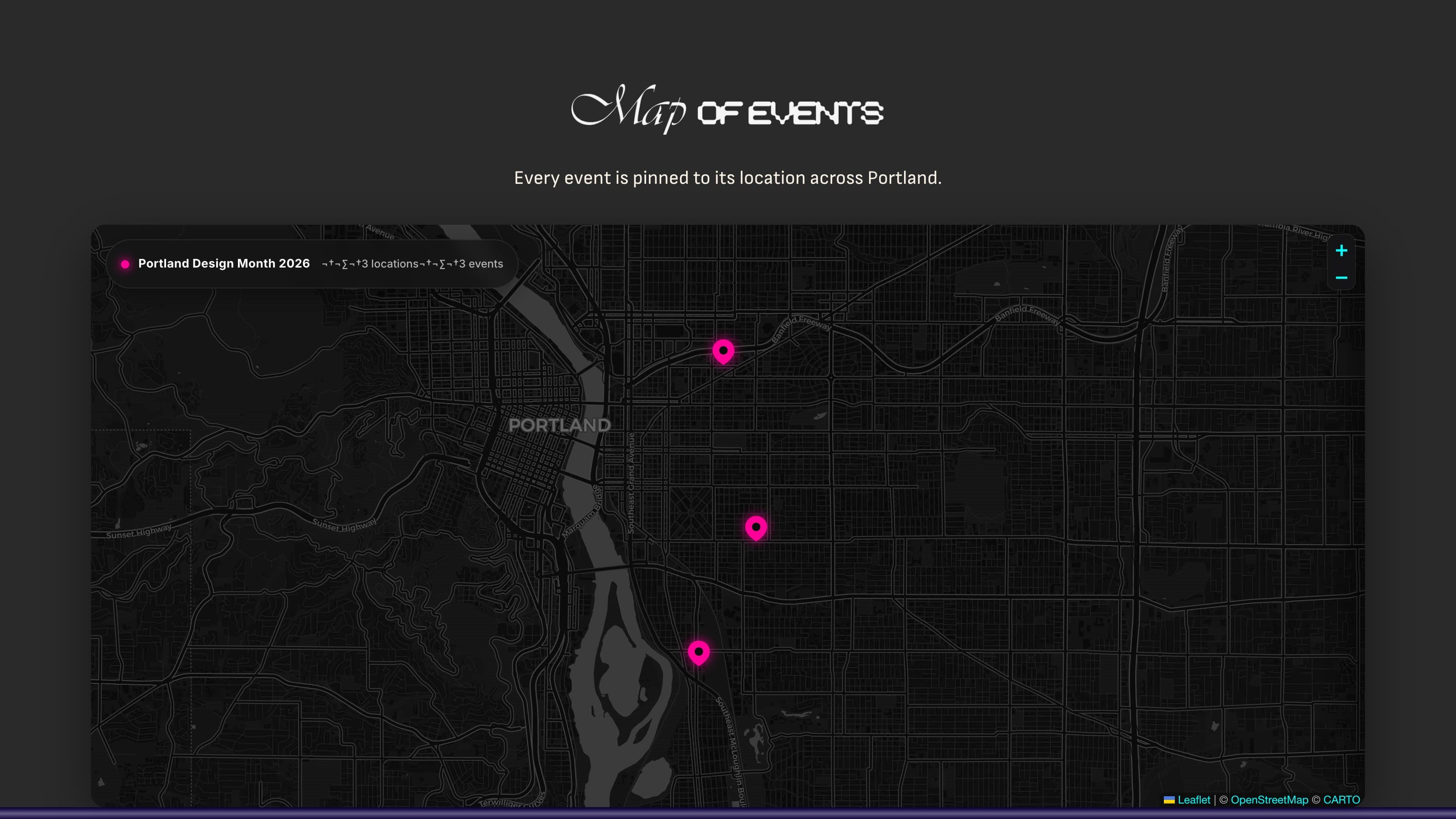 Interactive Leaflet map of Portland with venue pins for Portland Design Month events.