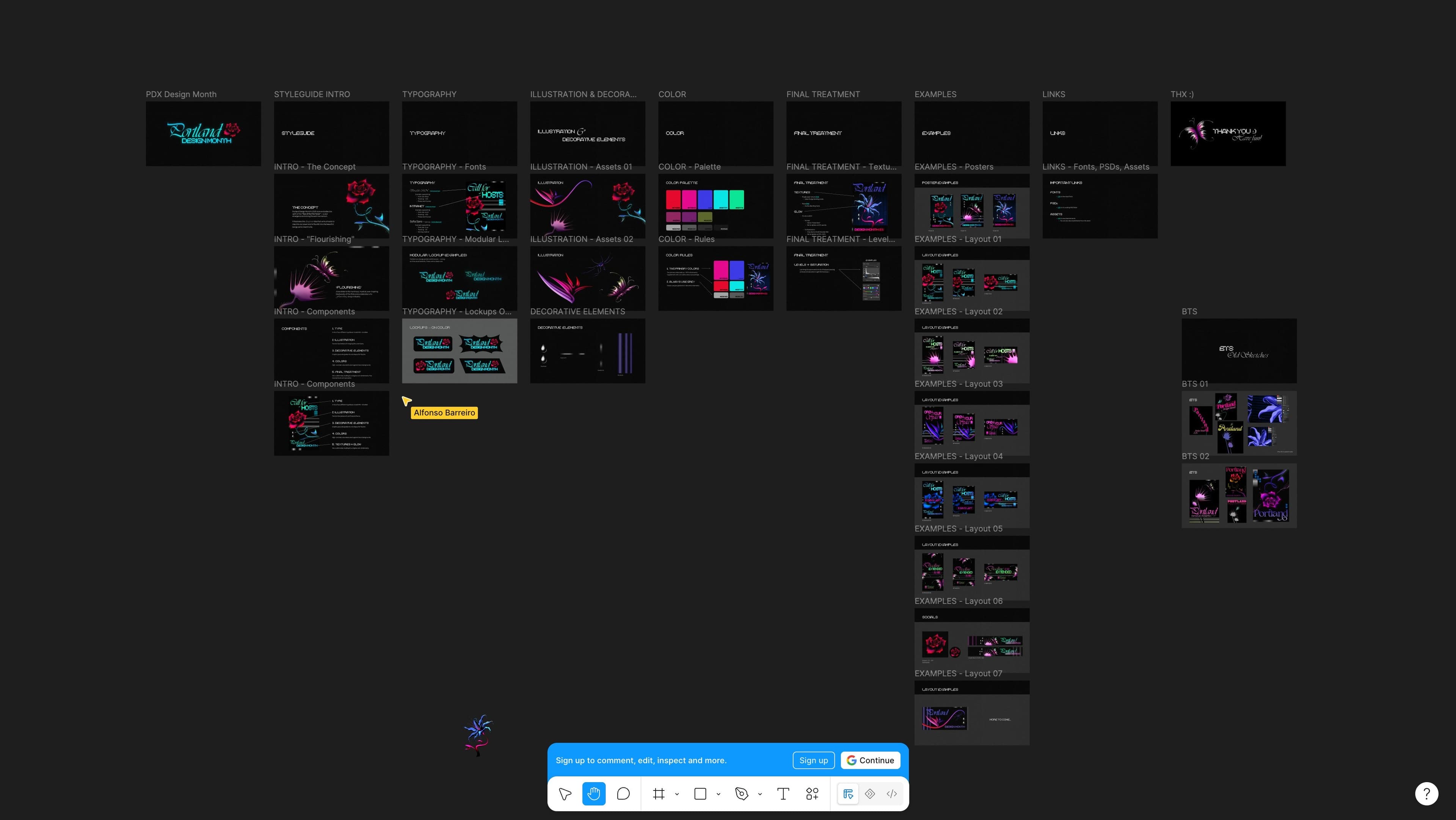 Screenshot of the artist's brand styleguide Figma file with type samples, color, and poster system.