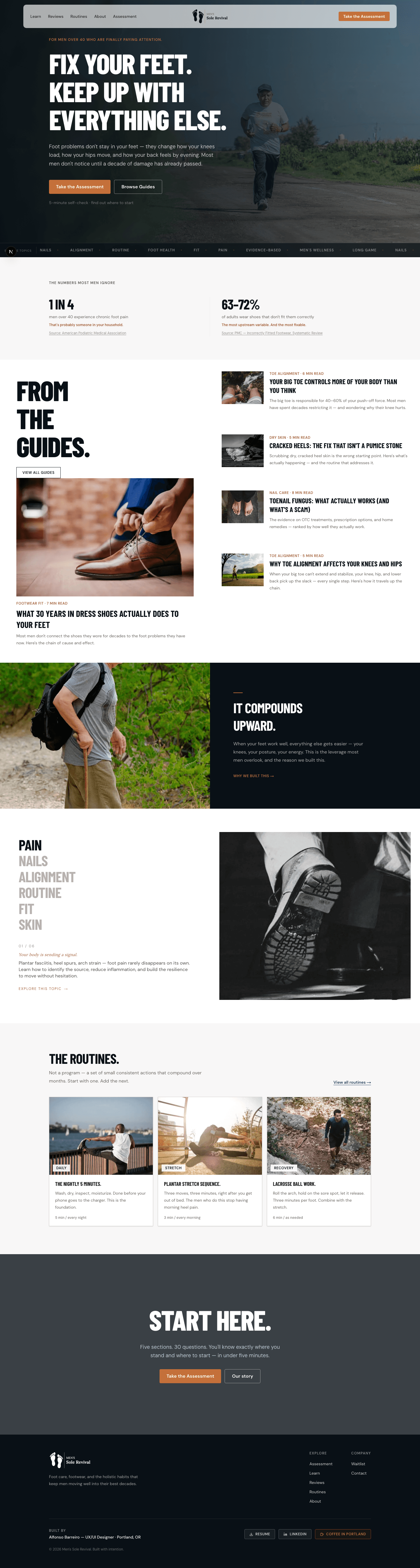 Men's Sole Revival homepage — dark editorial design with foot health content