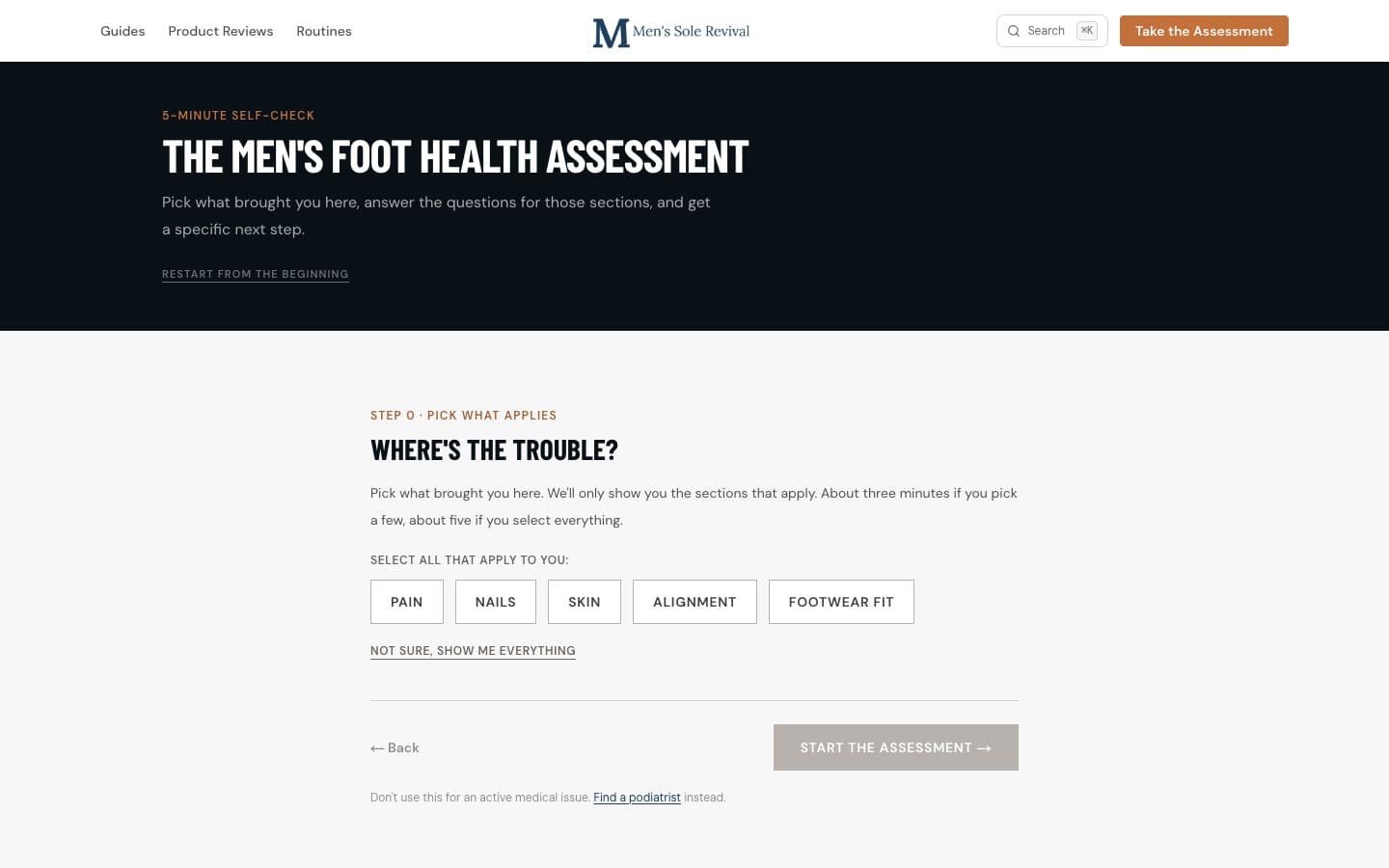 Symptom triage. ‘Where’s the trouble?’ Select-all-that-apply across pain, nails, skin, alignment, footwear fit.