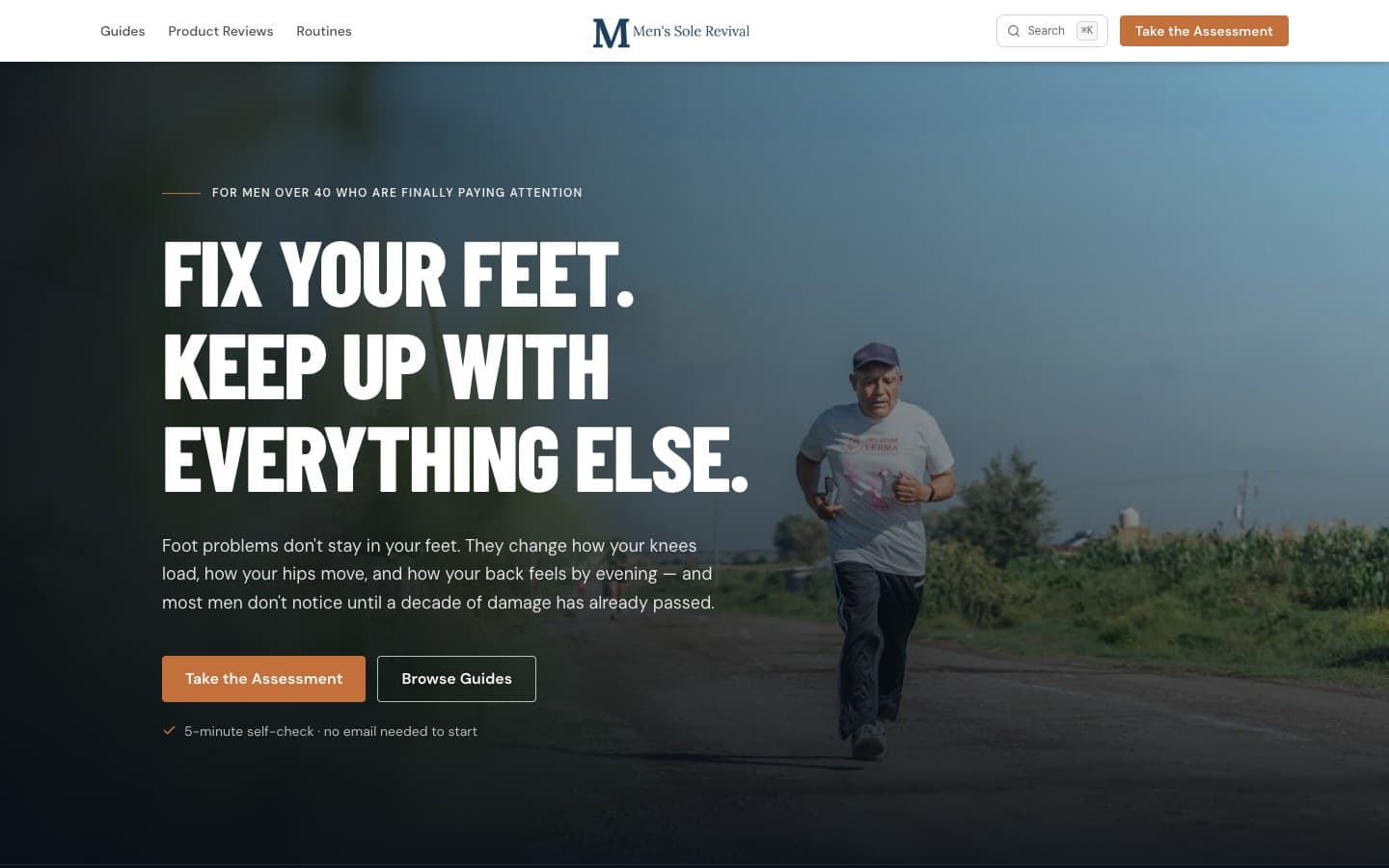 Men’s Sole Revival homepage. diagnostic-first hero with assessment CTA and editorial article grid.