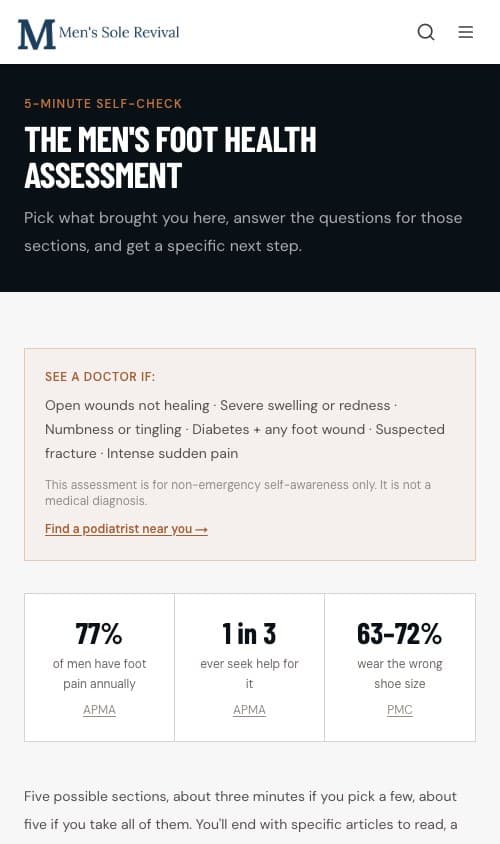 Mobile assessment intro — 5-minute self-check with SEE A DOCTOR IF triage box.