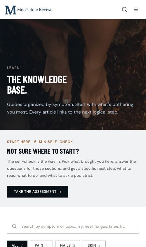 Mobile guides index — &lsquo;THE KNOWLEDGE BASE.&rsquo; with symptom-filtered article cards.