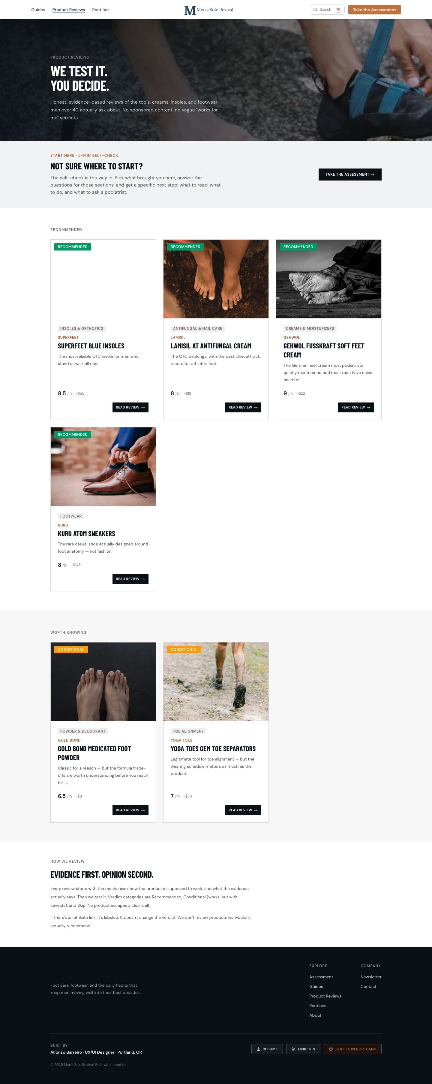 Product reviews index on the live site. ‘PRODUCT REVIEWS’ editorial grid with disclosure-first article cards organized by category.