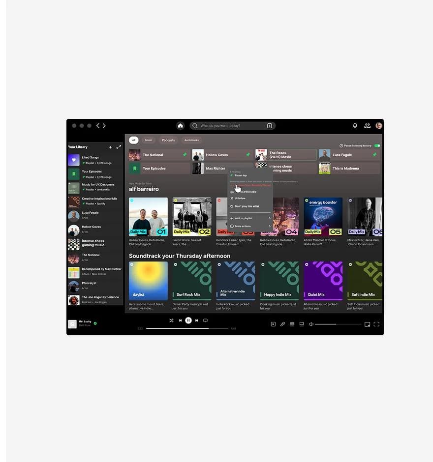 Spotify desktop app showing the right-click context menu on a Recently Played item, demonstrating cross-platform consistency with the mobile long-press action sheet