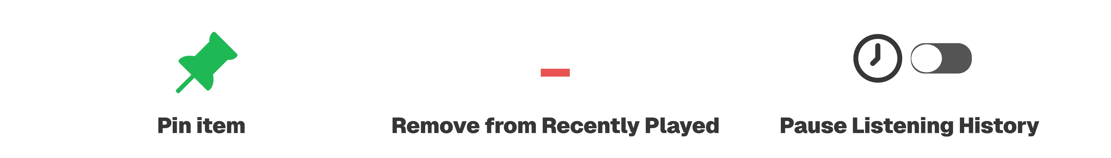 The three core actions: Pin item, Remove from Recently Played, and Pause Listening History. Each is shelf-native, reversible, and completes in 1 to 2 taps.