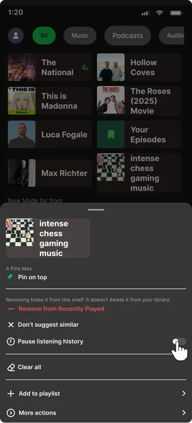 Action sheet showing Pause listening history toggle in the off position
