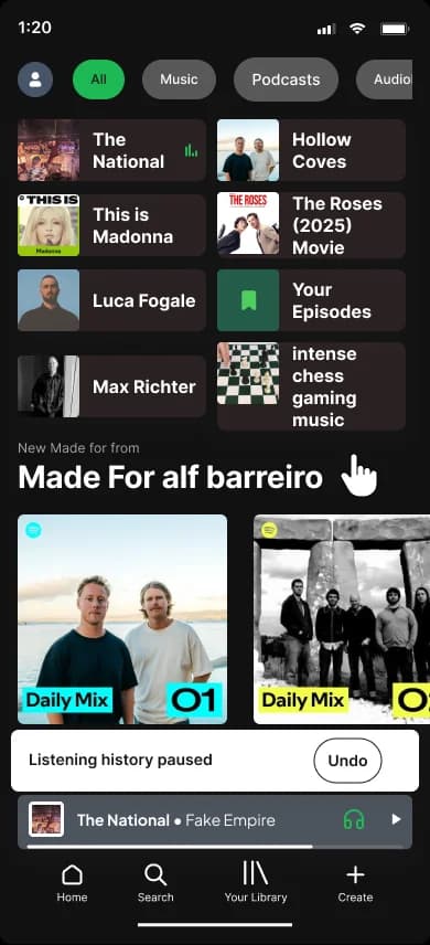 Action sheet showing Pause listening history toggle switched on with green indicator