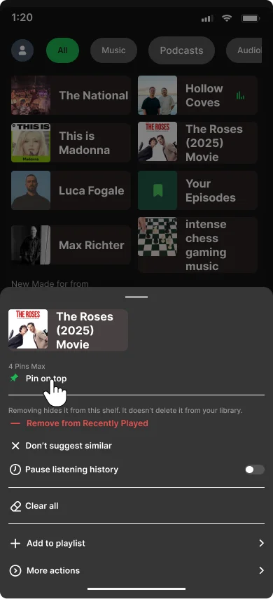 Action sheet with Pin on top highlighted, showing the option to pin an item to the Recently Played shelf