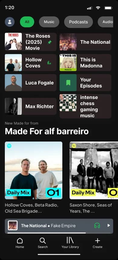 Recently Played shelf with The Roses pinned to position one, green pin indicator visible on album art