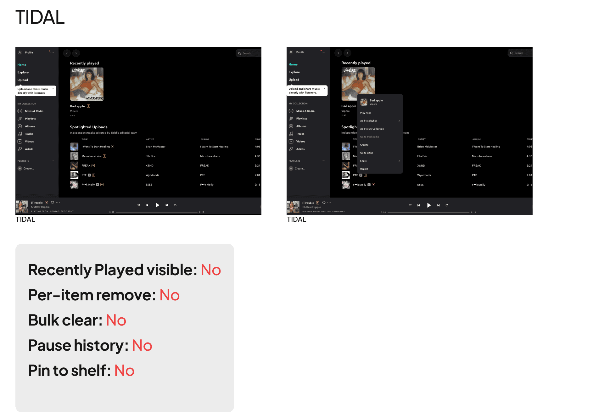 TIDAL reference screen captured for the competitive audit.