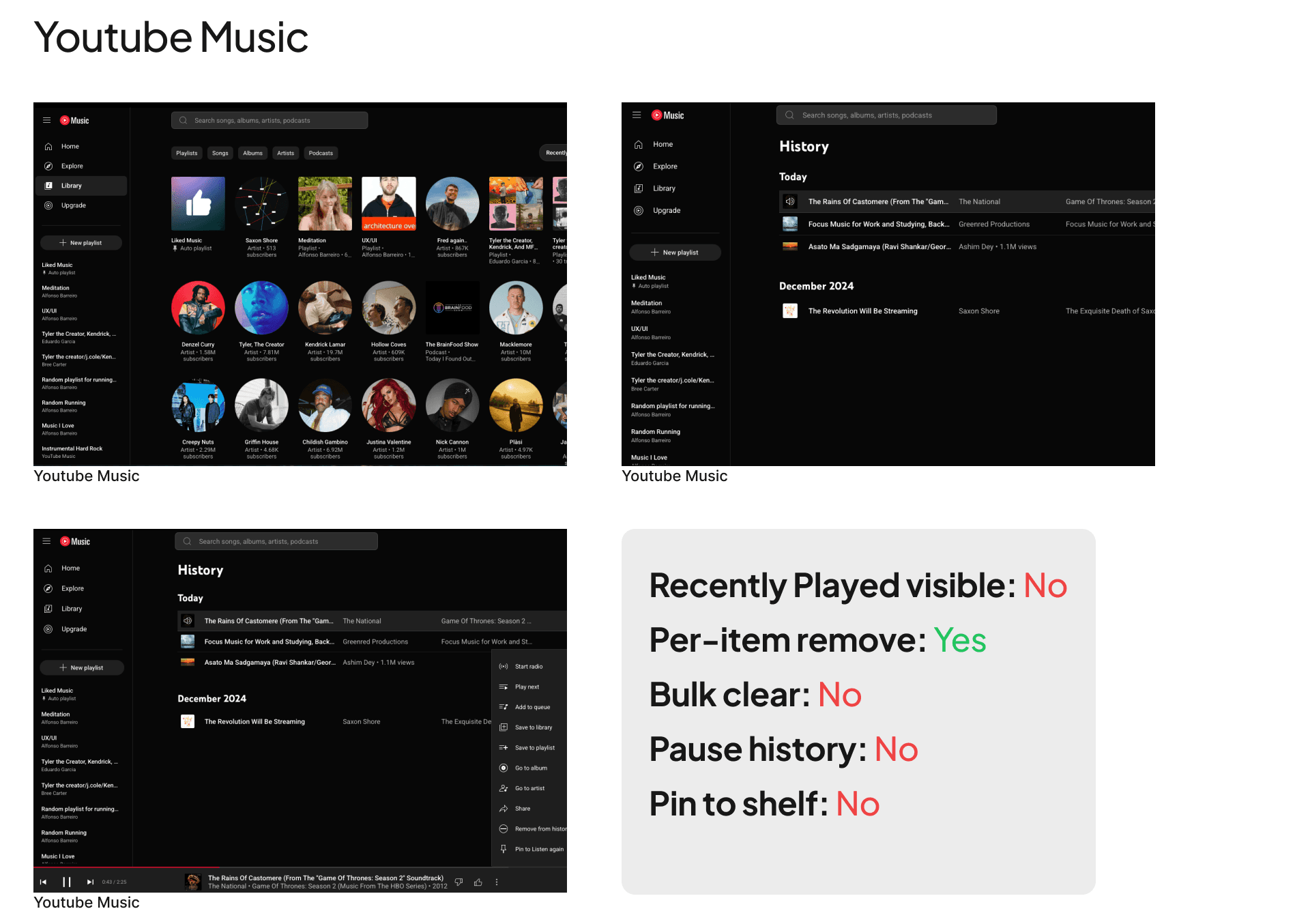 YouTube Music reference screen captured for the competitive audit.