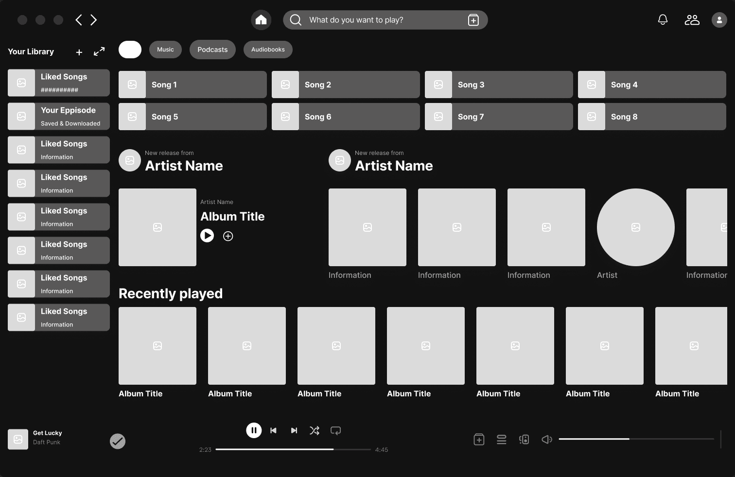 Mid-fi desktop wireframe of the Recently Played shelf with the new action sheet pattern.