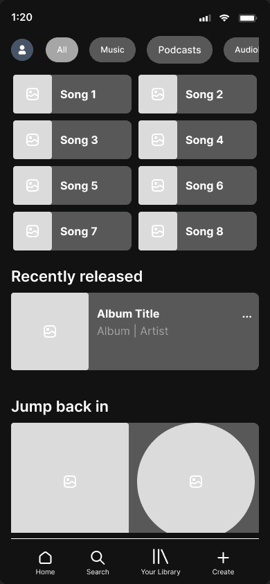 Mid-fi mobile wireframe of the Recently Played shelf with the new action sheet pattern.