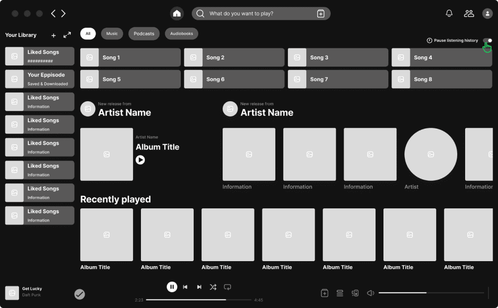 Desktop wireframe: a shelf-scoped 'Pause listening history' pill sits above Recently Played.