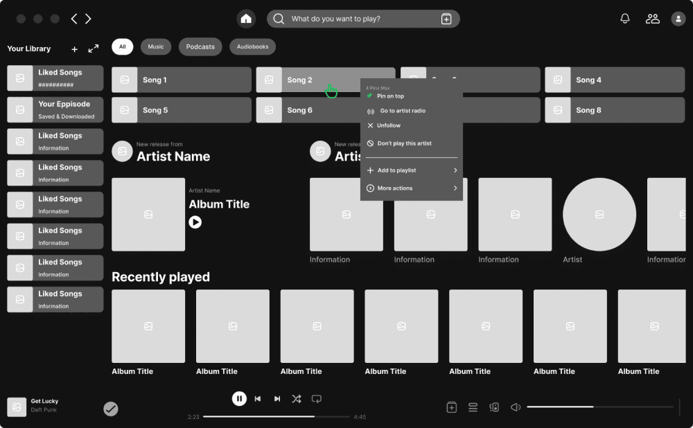 Desktop wireframe: right-click menu on a Recently Played tile with 'Pin on top' at the top of the list.