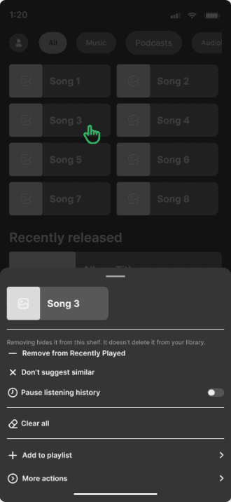 Mobile wireframe: long-press opens an action sheet with Remove from Recently Played on the surface.