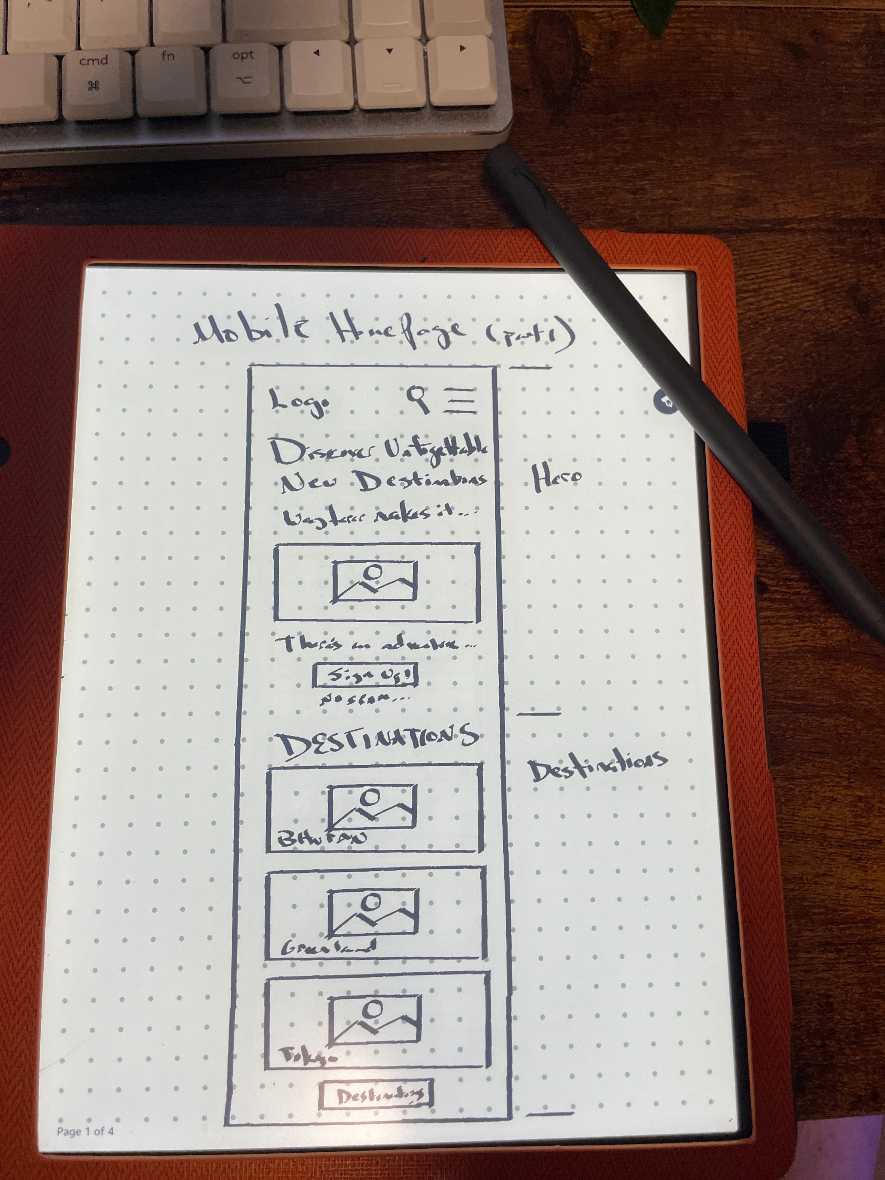 Hand sketch on a Kindle Scribe. Wayfarer mobile homepage part 1 of 3. Logo, search icon, hamburger menu across the top. Hero copy reading Discover Unforgettable New Destinations. Sign Up button. Destinations header with three stacked cards labeled Bhutan, Greenland, and Tokyo.