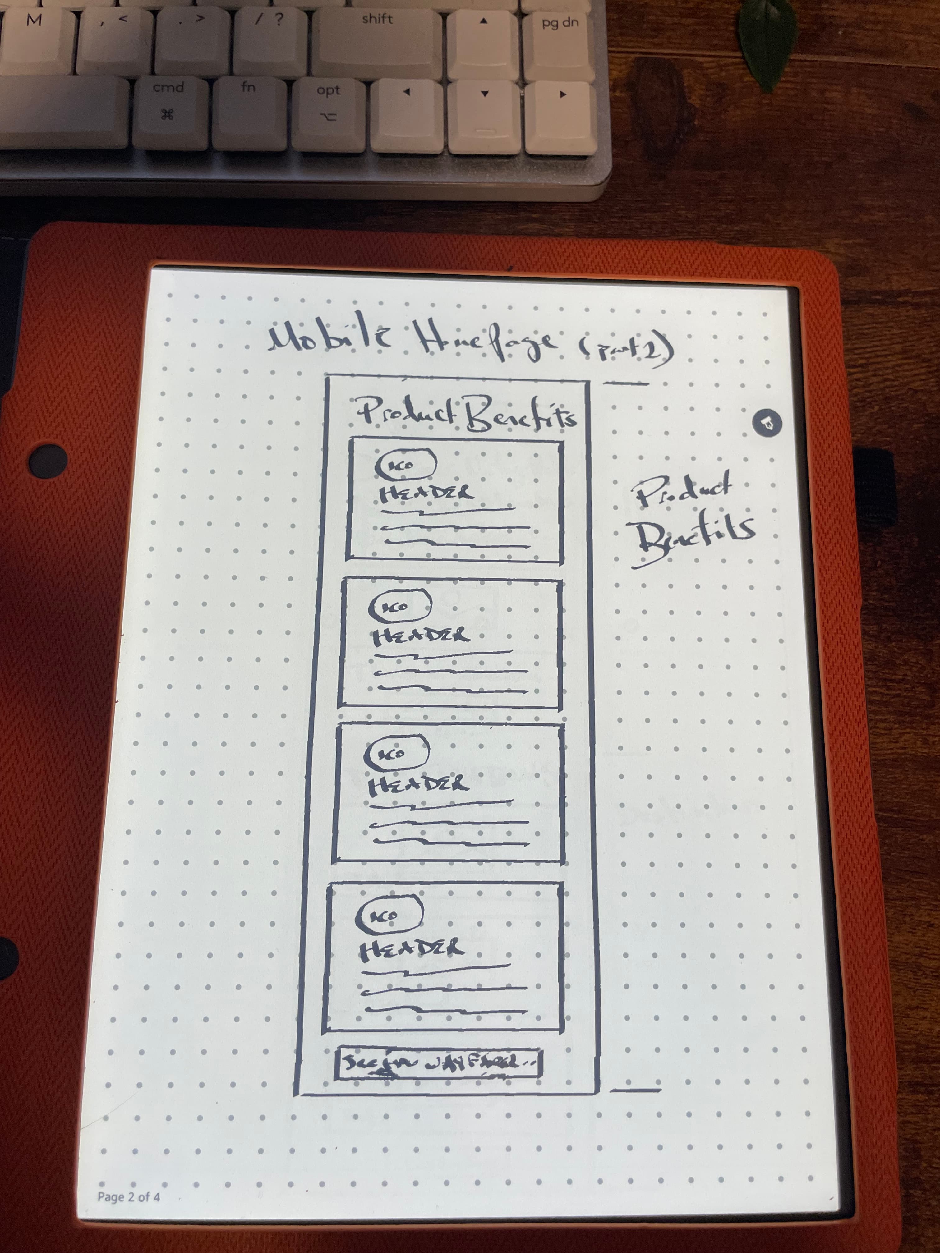 Hand sketch on a Kindle Scribe. Wayfarer mobile homepage part 2 of 3. Product Benefits section header, four stacked cards each with an icon and a headline, See-for-yourself CTA at the bottom.