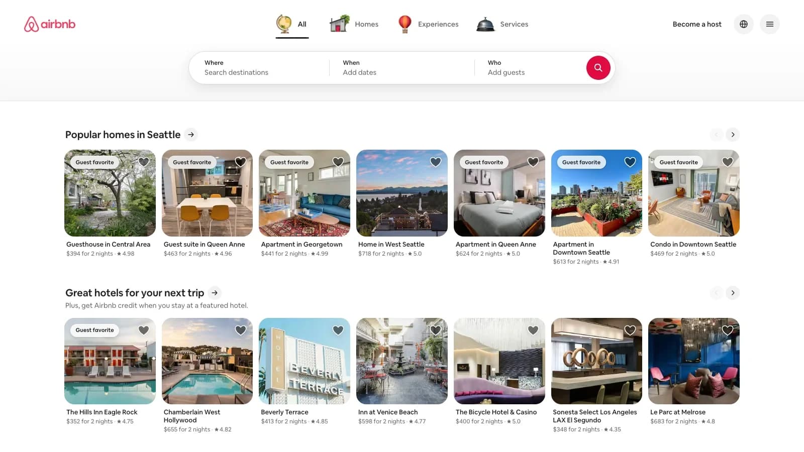 Airbnb homepage screenshot — captured live during the competitor audit.