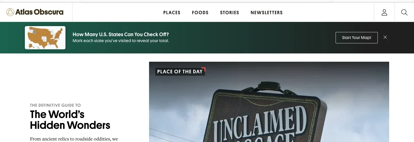 Atlas Obscura homepage screenshot — captured live during the competitor audit.