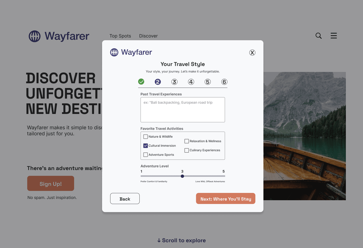 Multi-step signup desktop v.4. step 2 travel style.