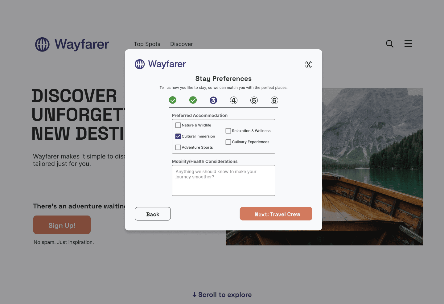 Multi-step signup desktop v.4. step 3 interests.