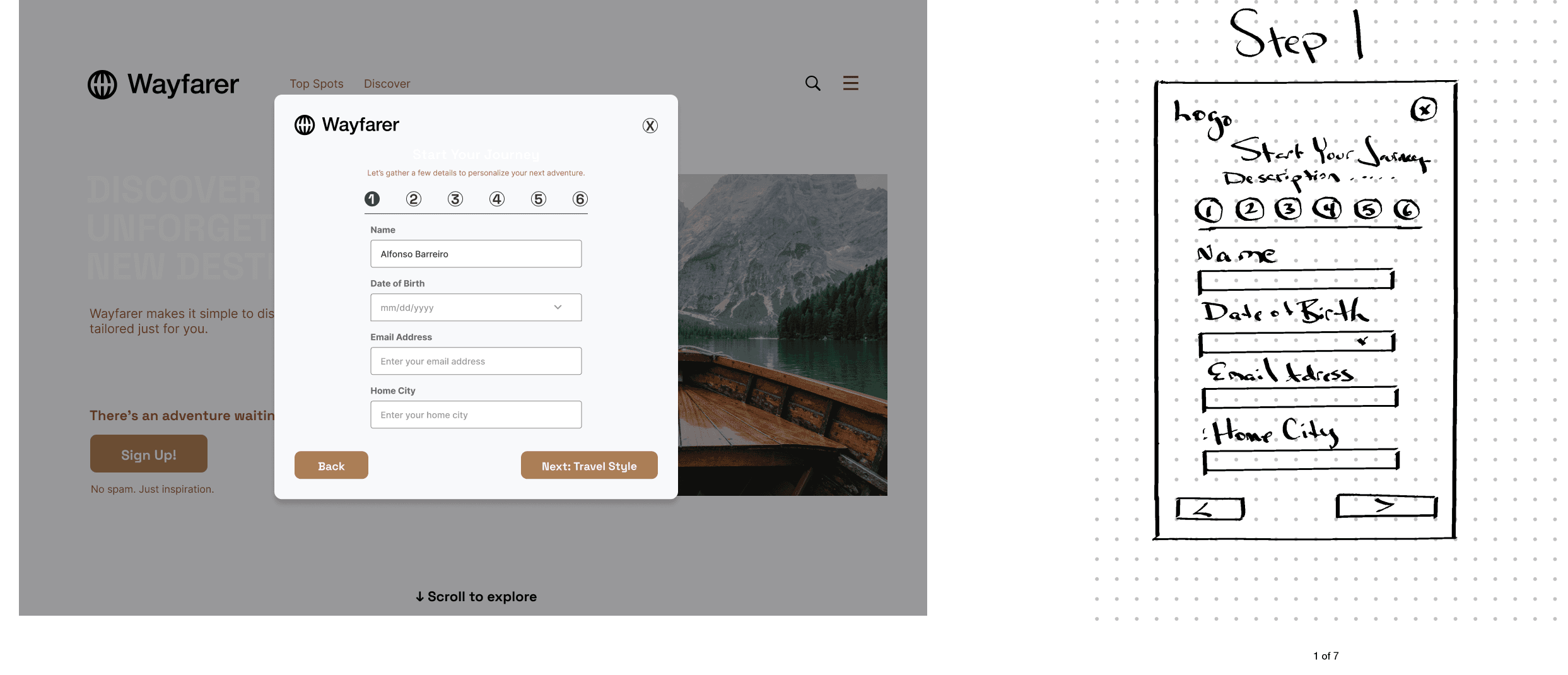 Step 1 of the signup, paired side by side: refined v.4 hi-fi on the left, original hand sketch on the right. Same fields, same hierarchy, paper first.