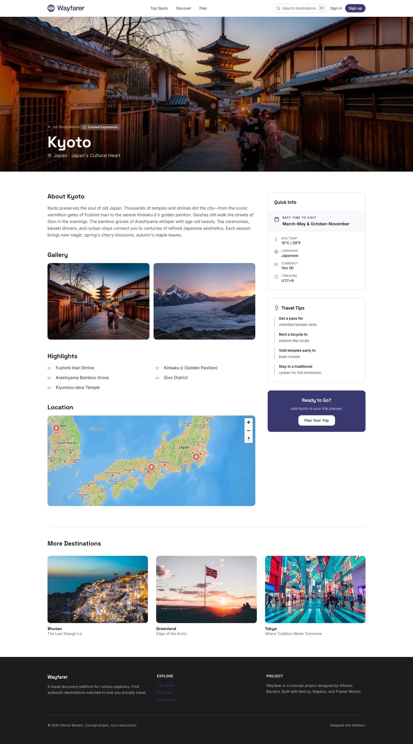 Live Kyoto destination page at wayfarer.barreiro.com. hero photo, about copy, gallery, five highlights, location map, quick-info side rail, related destinations.