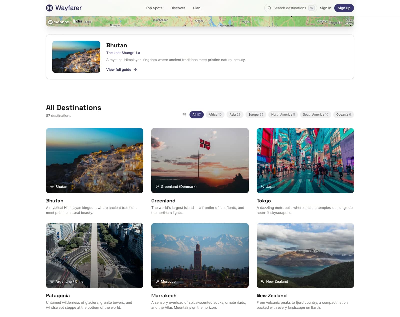 Live destinations grid at wayfarer.barreiro.com — 40+ destinations across seven continents, the surface the original brief tried to make the homepage.
