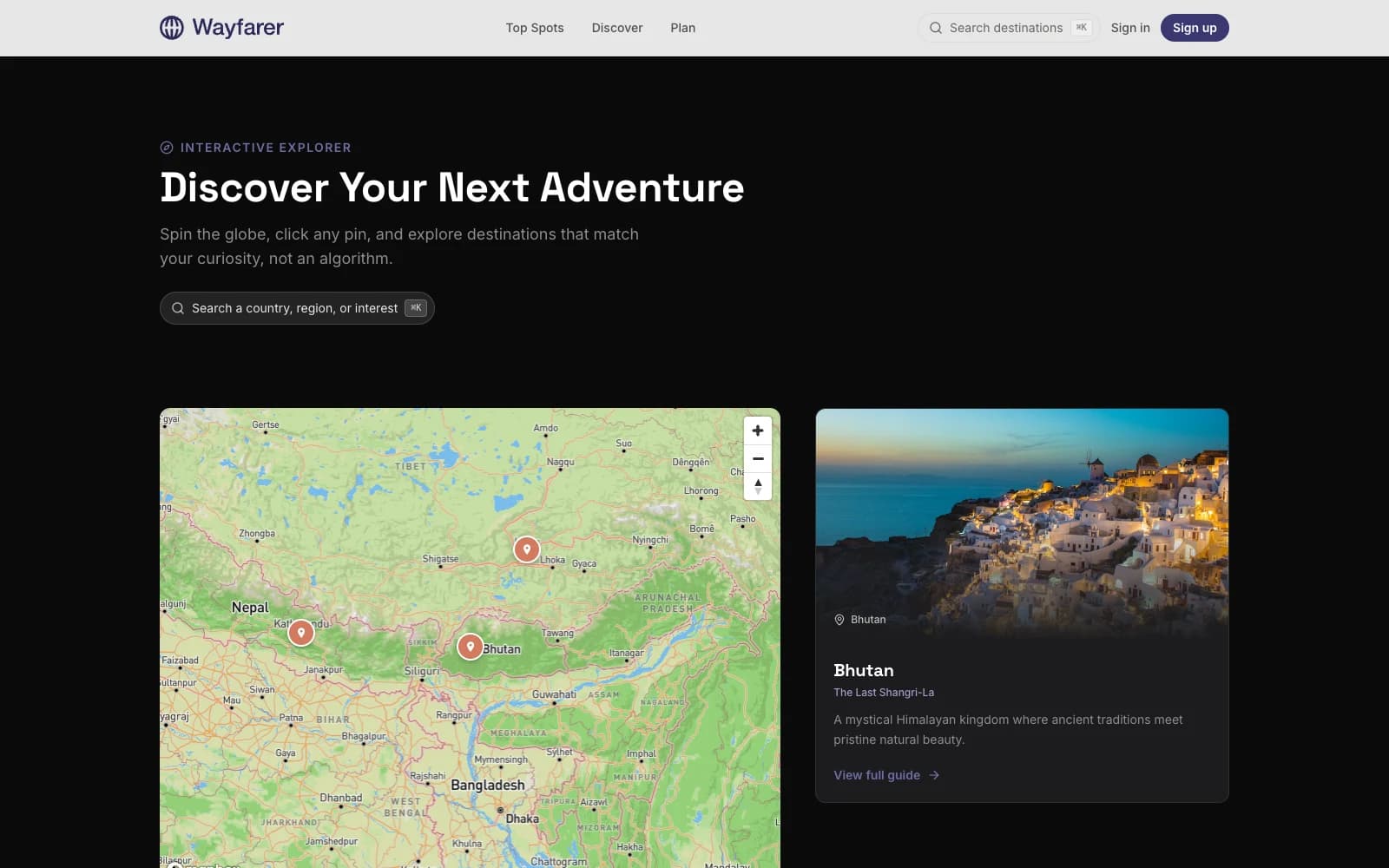 Wayfarer globe explorer with Bhutan selected. live at wayfarer.barreiro.com. The kept surface: spin, click any pin, sticky destination card reveals on the right.