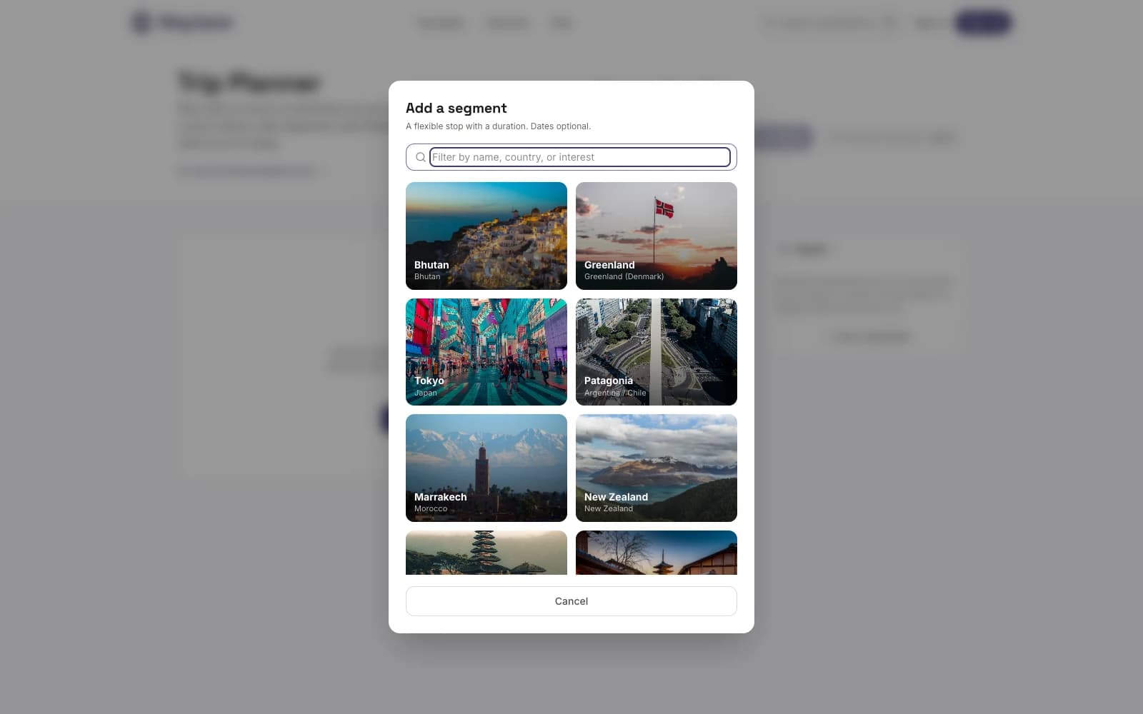 Add-segment modal. filterable list of all destinations with country labels. Pick one to populate as a segment.