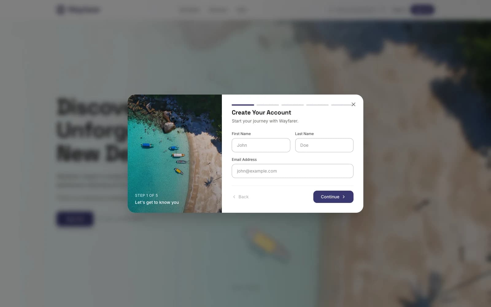 Wayfarer signup step 01. Account. Live at wayfarer.barreiro.com.
