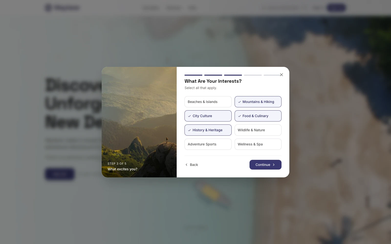 Wayfarer signup step 03. Interests. Live at wayfarer.barreiro.com.