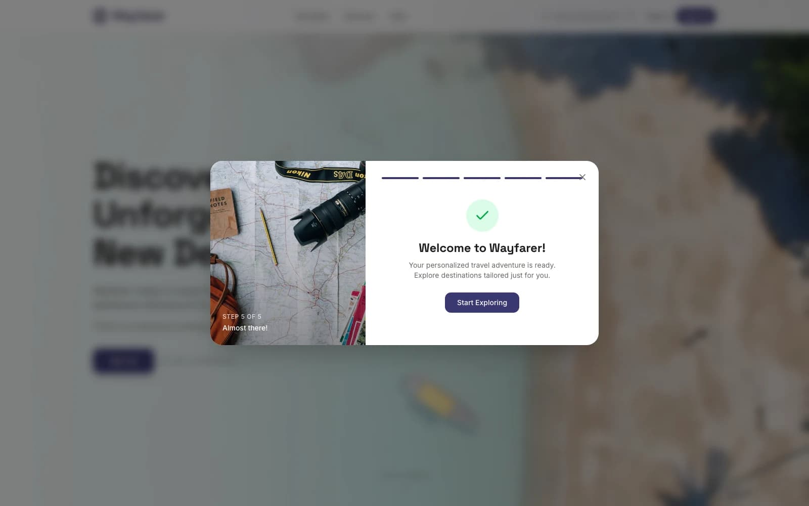 Wayfarer signup step 06. Welcome. Live at wayfarer.barreiro.com.