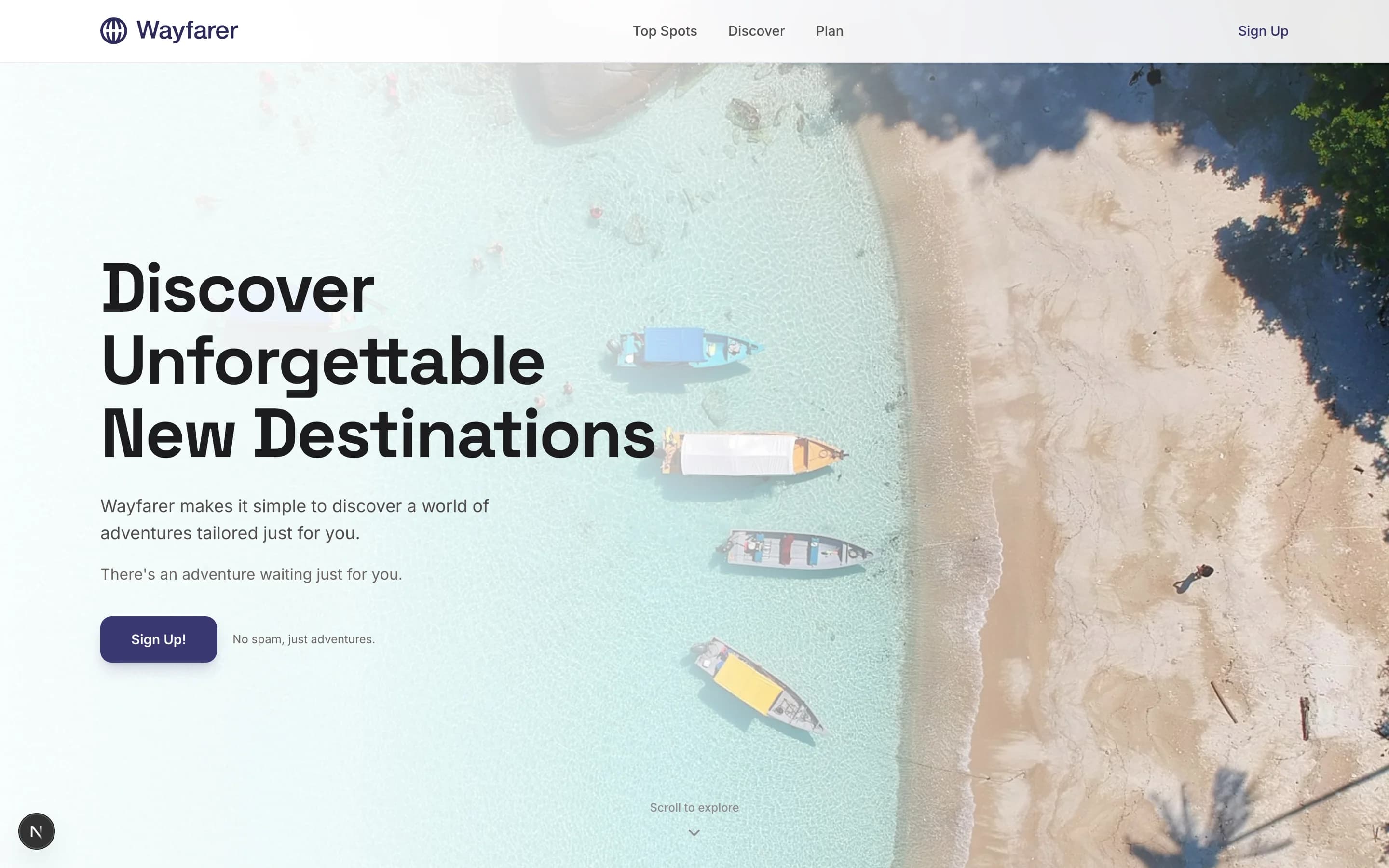Wayfarer Travel homepage with interactive globe explorer and destination discovery