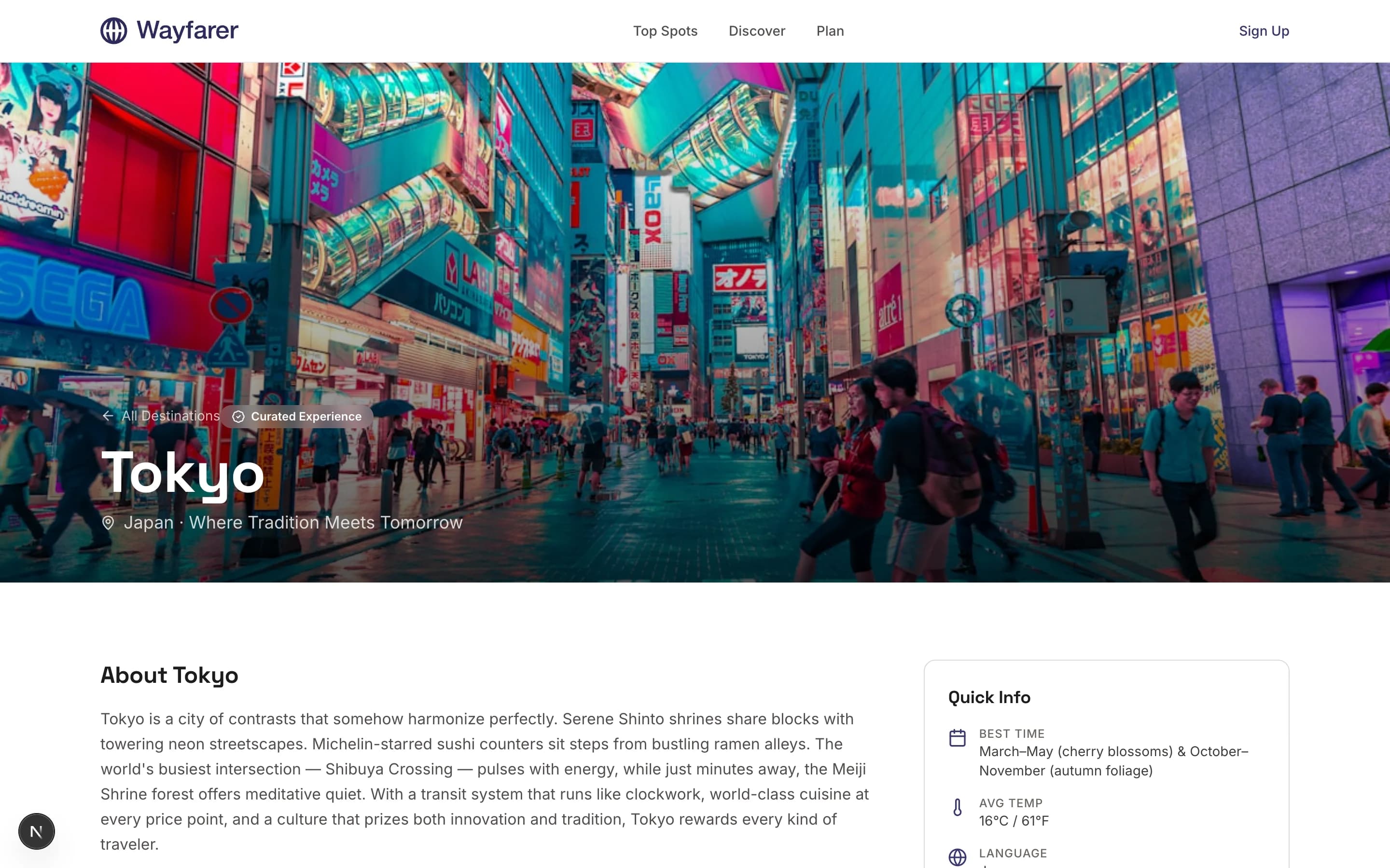 Destination detail page for a selected location showing hero image, info grid, and travel tips