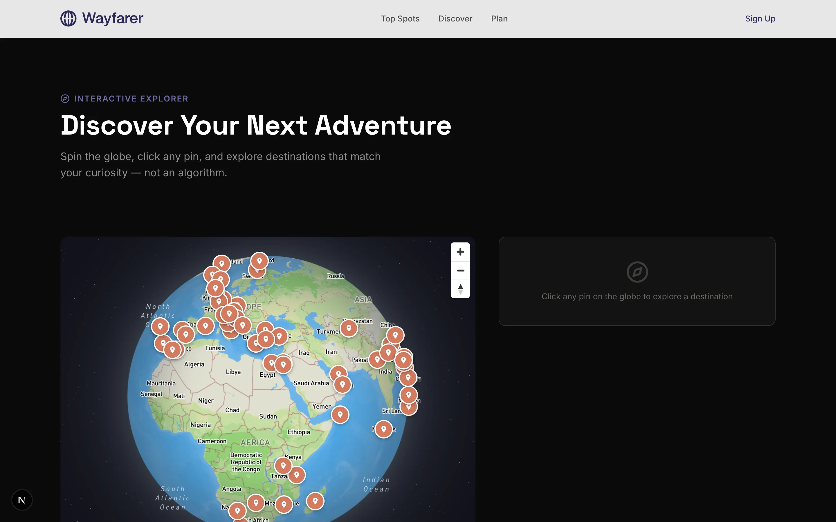 Wayfarer globe explorer showing 3D Earth with destination pins across continents