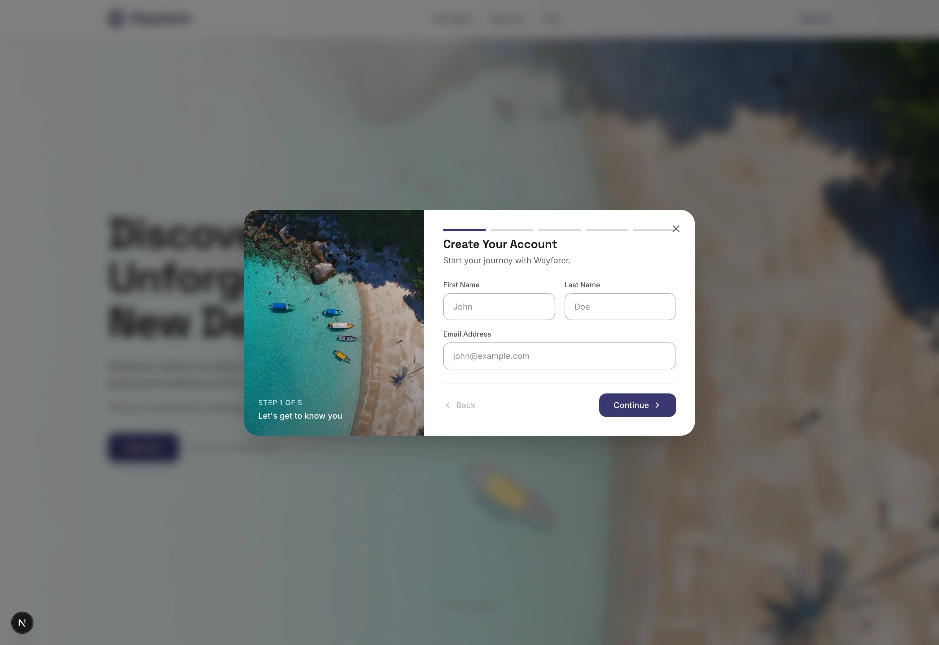 Signup step 1: Account creation with name and email fields