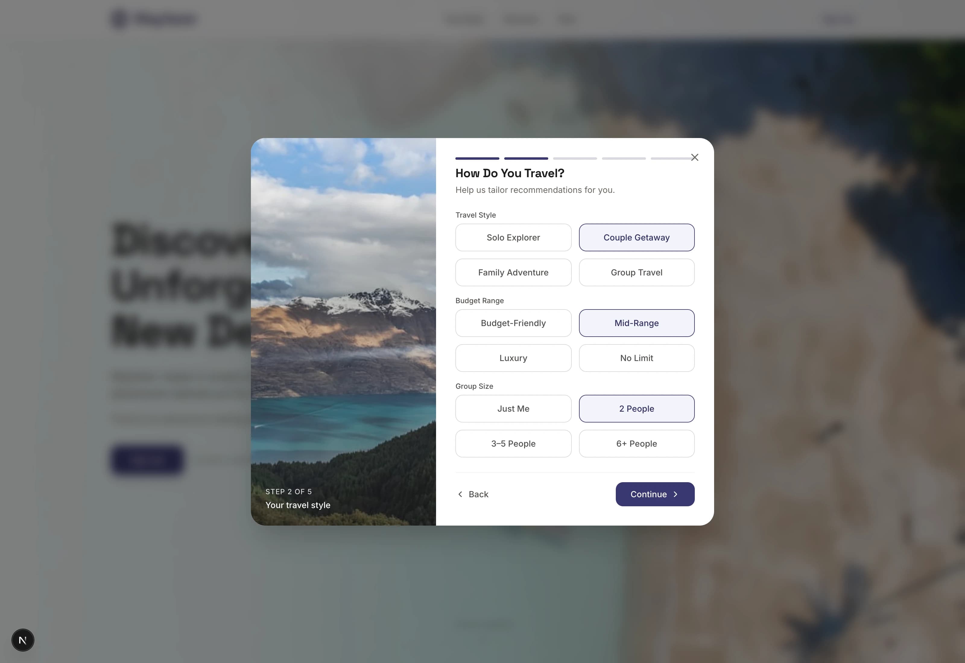 Signup step 2: Travel style, budget, and group size selection