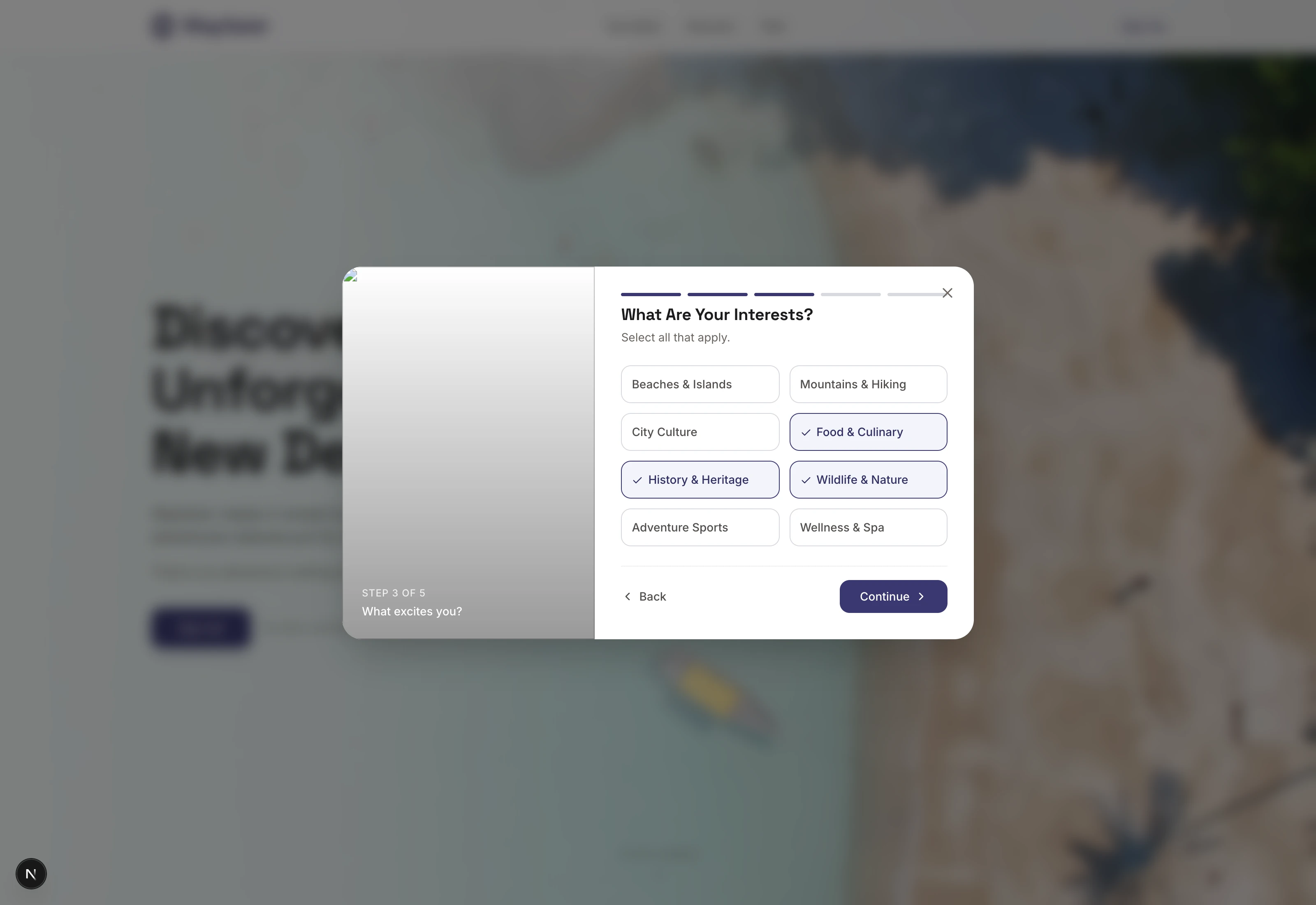 Signup step 3: Eight interest categories, multi-select