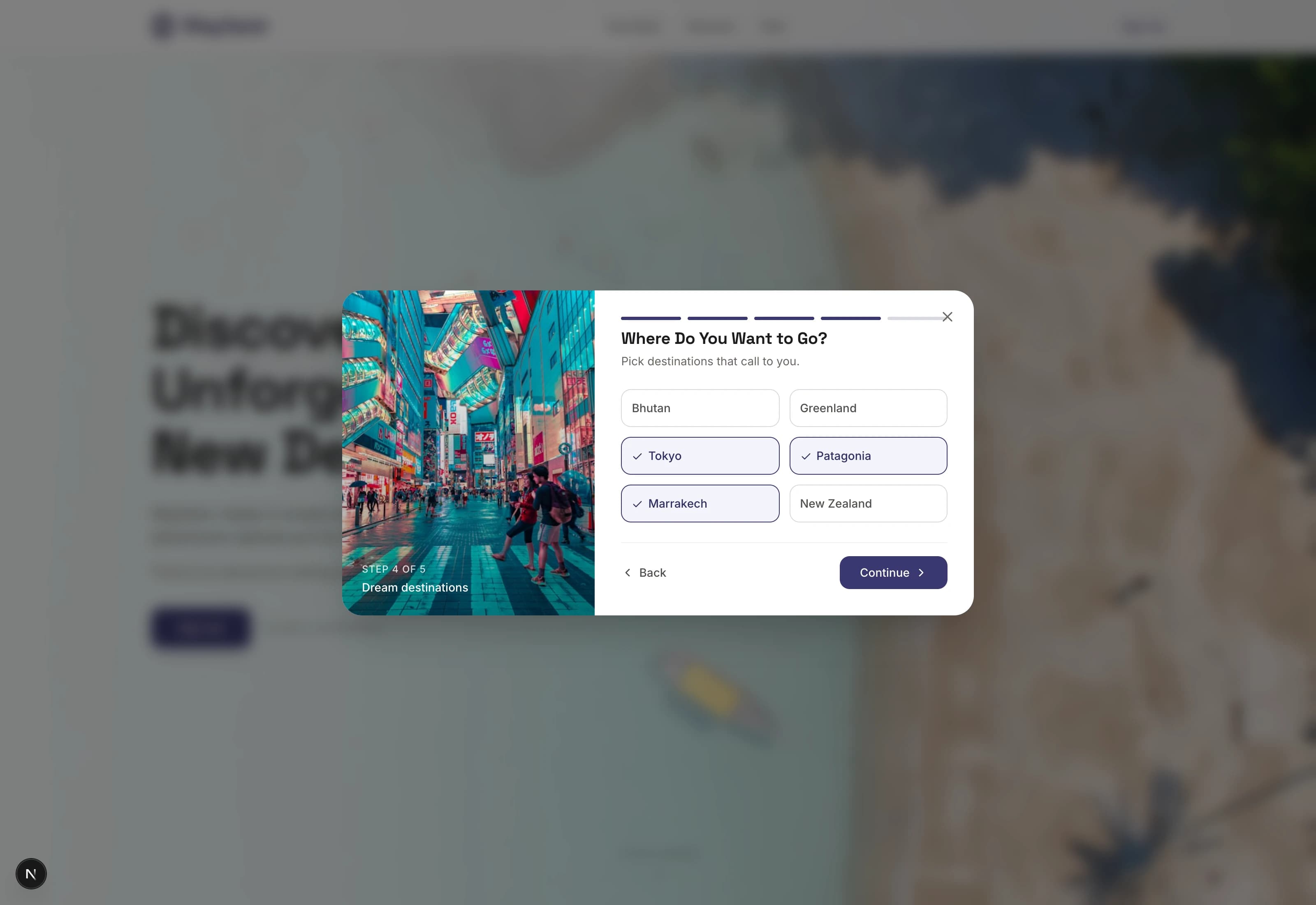 Signup step 4: Dream destinations pick-list