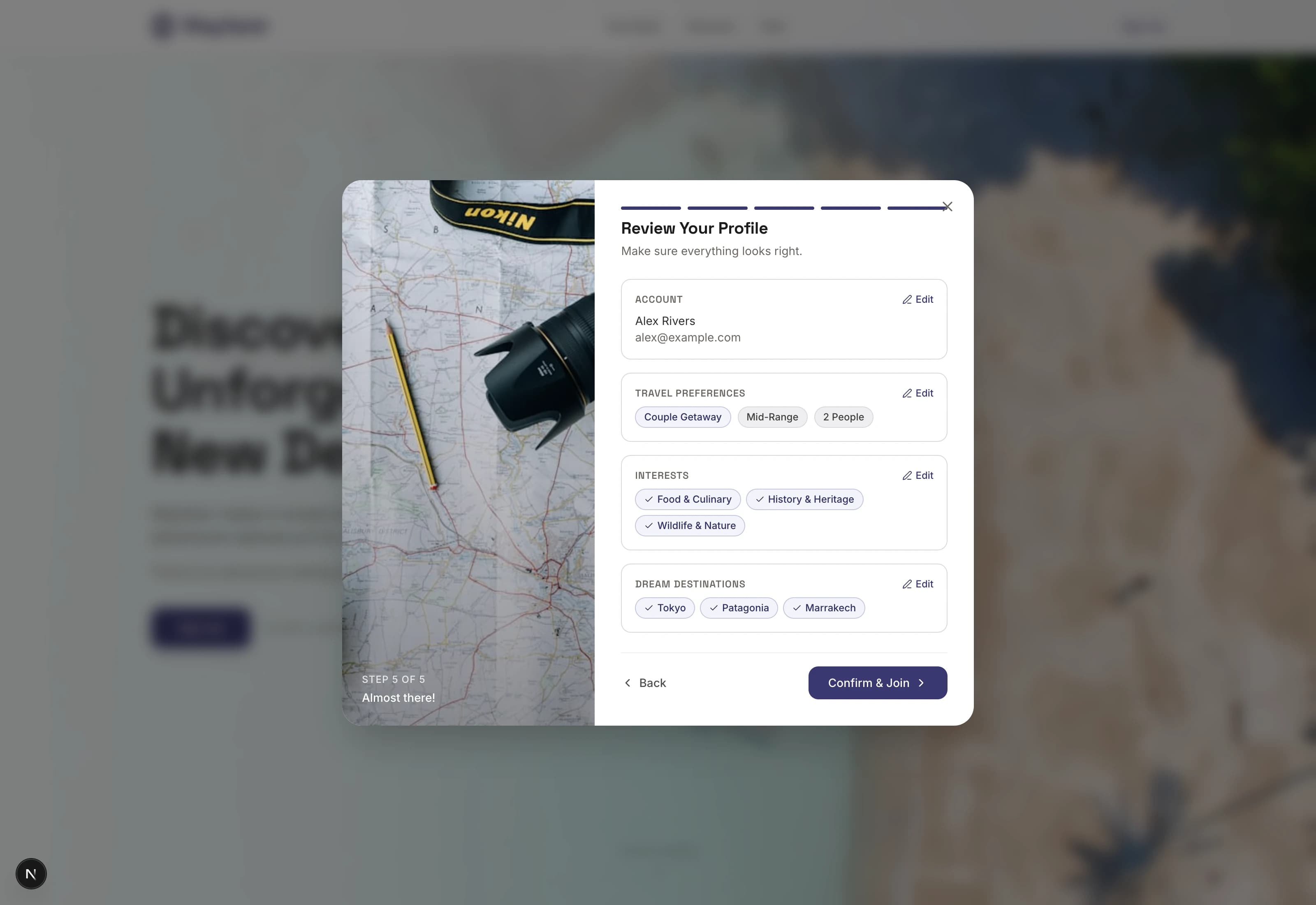 Signup step 5: Review screen showing all selections with edit buttons