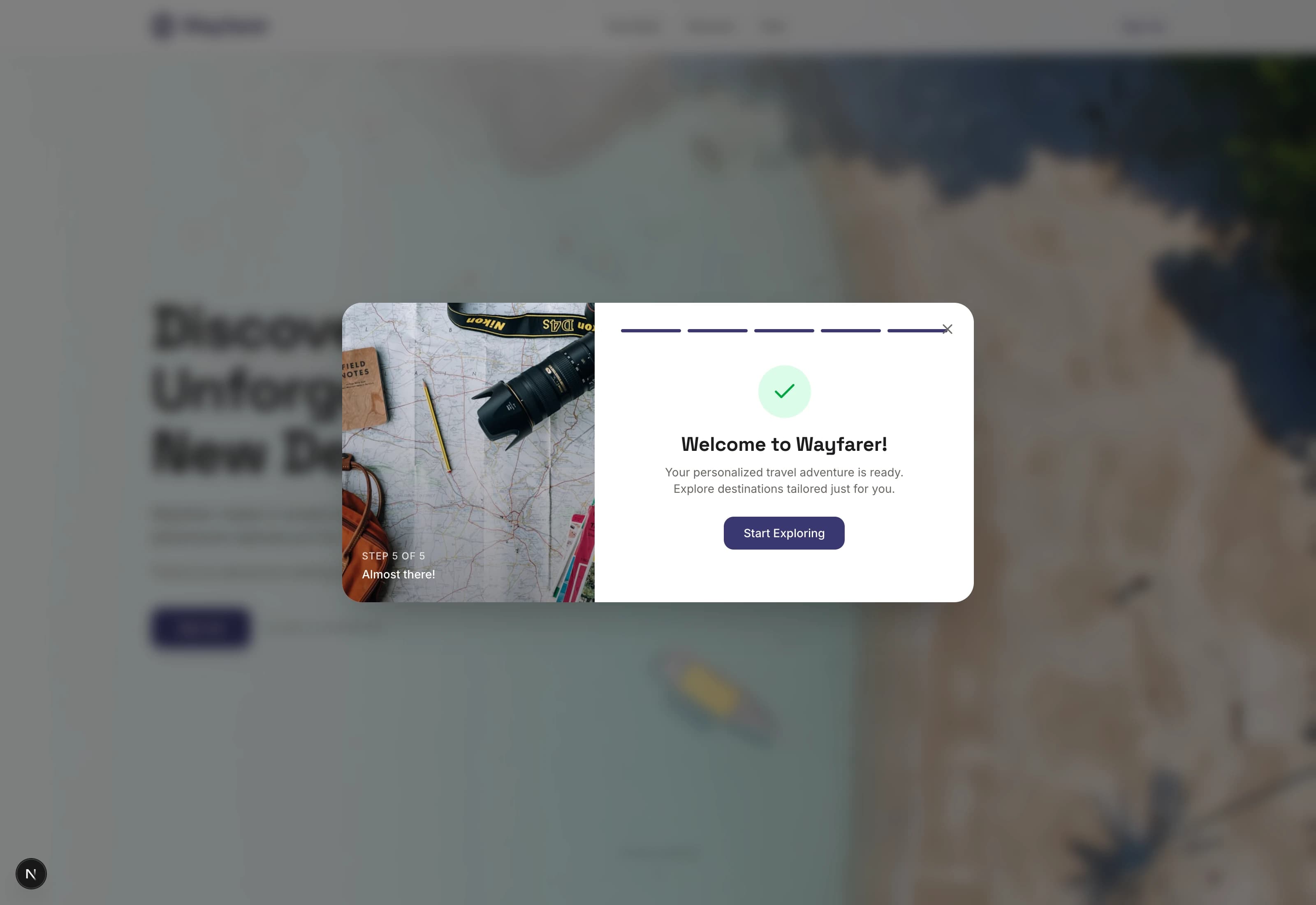 Signup success: Welcome to Wayfarer confirmation with green checkmark