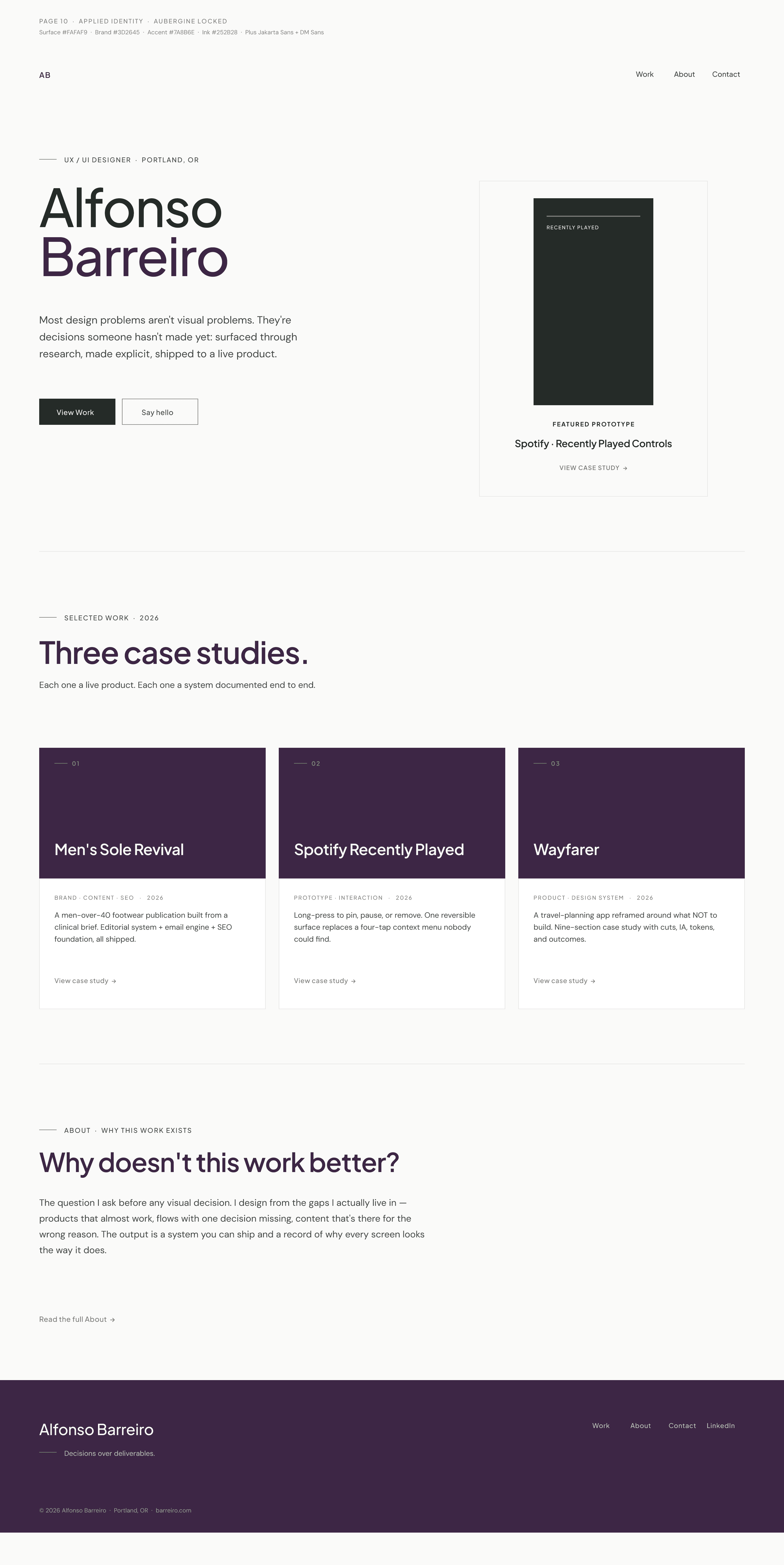 Applied to a full homepage before the direction pivoted. The runner-up that got the shipping palette its confidence: I ruled Aubergine out only after seeing it at production scale.