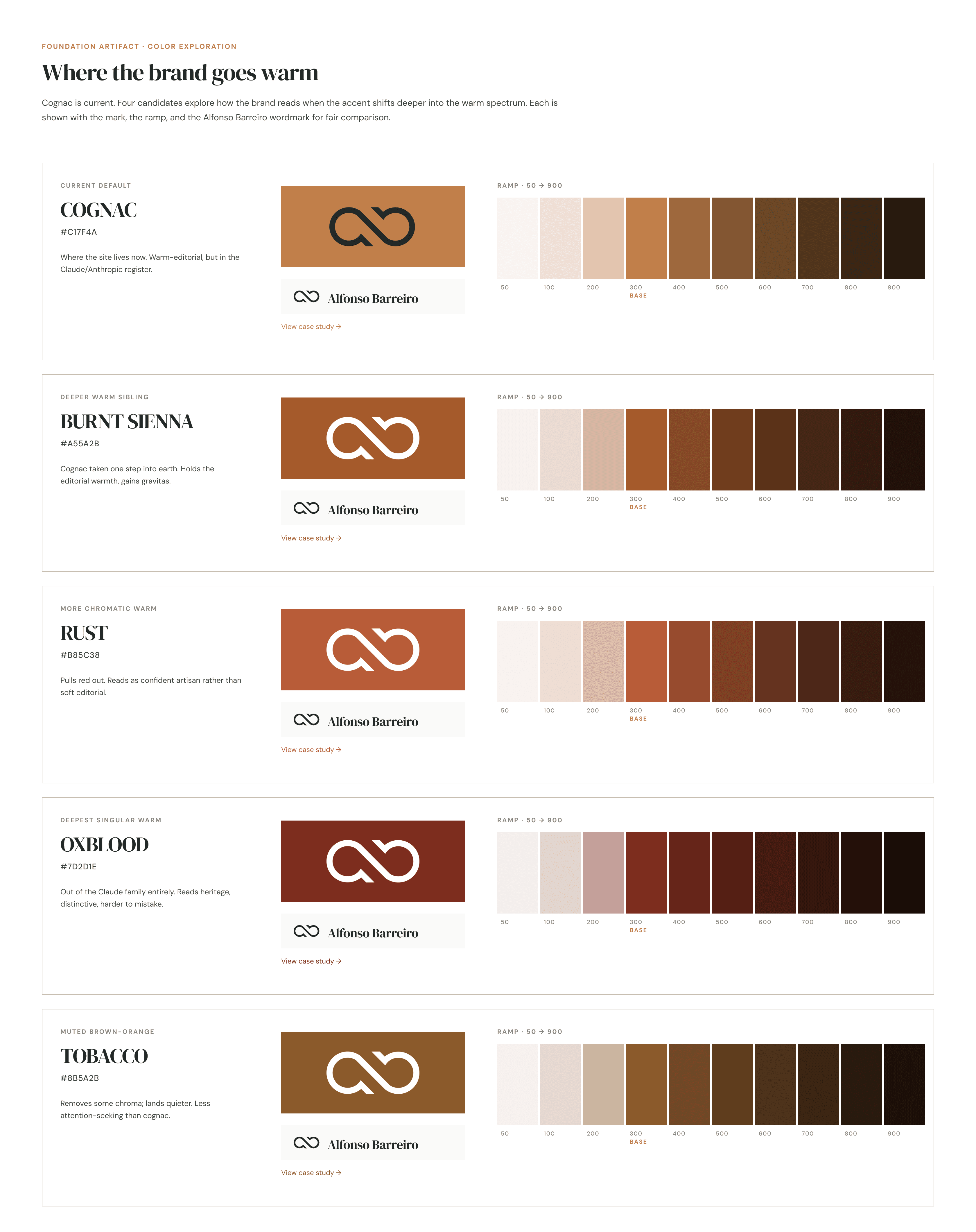 Cognac, Burnt Sienna, and other warm-editorial candidates the mark tried on before Crimson locked. The register was always warm; the specific hue took iterations.