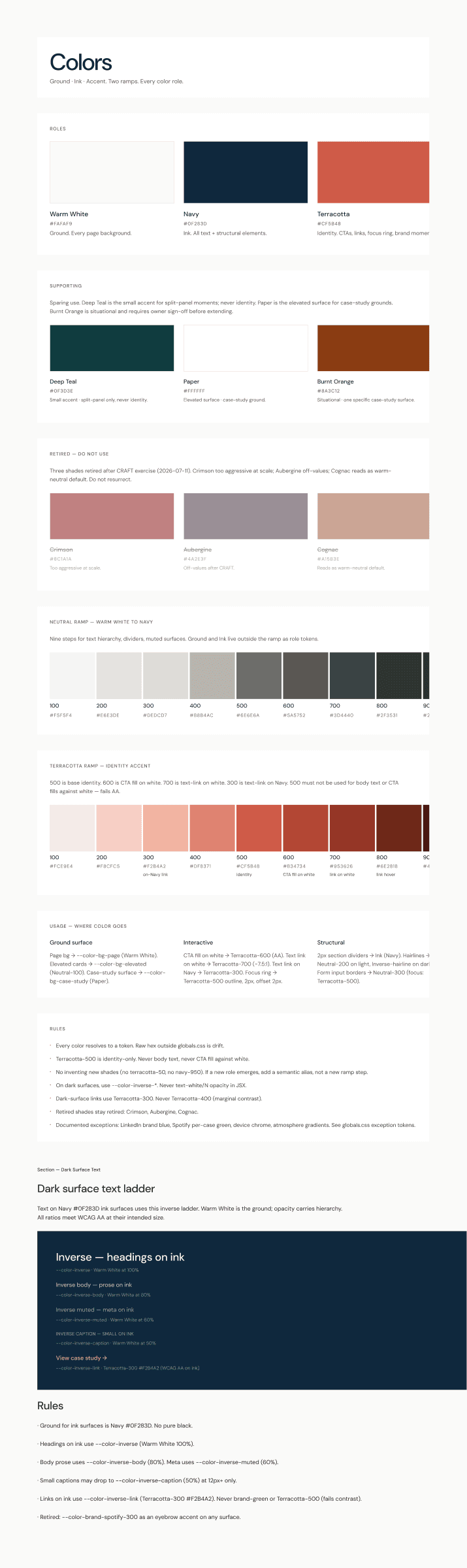 Brand, accent, sage, neutrals, plus semantic bindings for background, text, and border. Same file every client project reads.